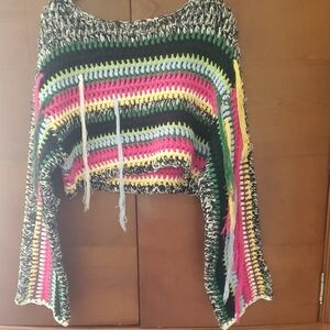 AKIRA Crocheted Multi-Stripe Scoop Neck Sweater in Pink, Yellow & Green